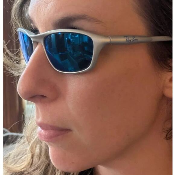 Ray-Ban RB2046 Cutters Sunglasses Silver Blue Mirror Wrap Rx Lenses w/ Case Y2K - Picture 2 of 9